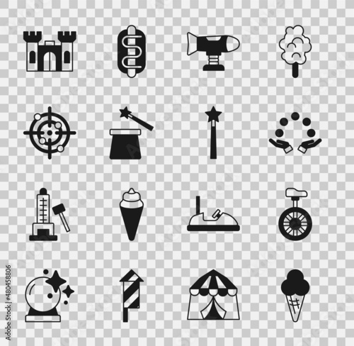 Set Ice cream in waffle cone, Unicycle or wheel bicycle, Juggling ball, Swing plane, Magic hat and wand, Target sport, Castle and icon. Vector