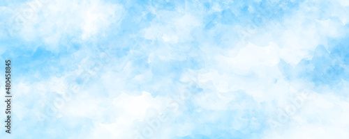 Vector watercolor art background with white clouds and blue sky. Hand drawn vector texture. Heaven. Pastel color watercolour banner. Template for flyers, cards, poster, cover. 