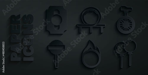 Set Circus fire hoop, Unicycle or one wheel bicycle, Lollipop, Balloons with ribbon, Roller coaster and ticket icon. Vector