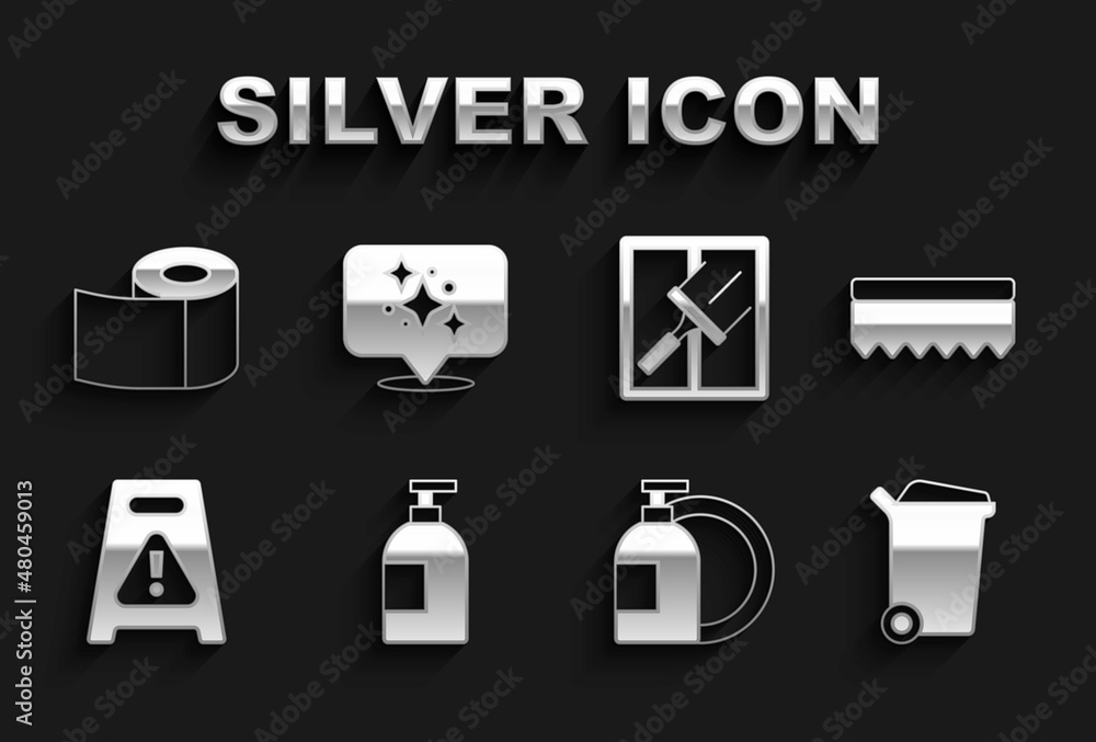Set Dishwashing liquid bottle, Sponge, Trash can, Wet floor, Rubber cleaner for windows, Toilet paper roll and Home cleaning service icon. Vector Set Dishwashing liquid bottle, Sponge, Trash can, Wet floor, Rubber cleaner for windows, Toilet paper roll and Home cleaning service icon. Vector