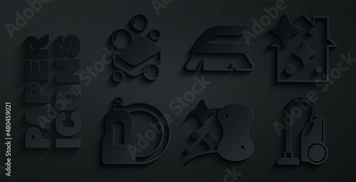 Set Sponge, Home cleaning service, Dishwashing liquid bottle, Vacuum cleaner, Brush for and Bar of soap icon. Vector