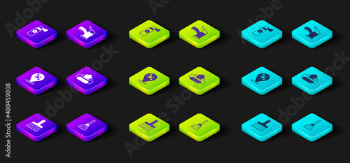 Set Handle broom, Home cleaning service, Wet wipe pack, Water tap and Air freshener spray bottle icon. Vector
