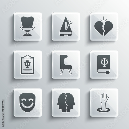 Set Bipolar disorder, Helping hand, Psychology book, Psi, Armchair, Comedy theatrical mask, Psychology,, and Broken heart divorce icon. Vector