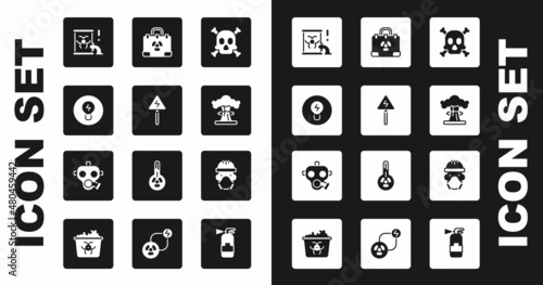 Set Bones and skull warning, High voltage sign, Light bulb with concept of idea, Radioactive waste barrel, Nuclear explosion, Radiation nuclear suitcase, reactor worker and Gas mask icon. Vector