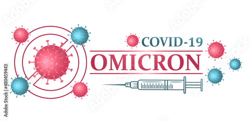 Omicron Covid-19 variant protection vaccination icon. Stop new coronavirus strain. Medical vaccine injection for corona virus immune resistance and protect from infection. Viral cell mutation. Vector