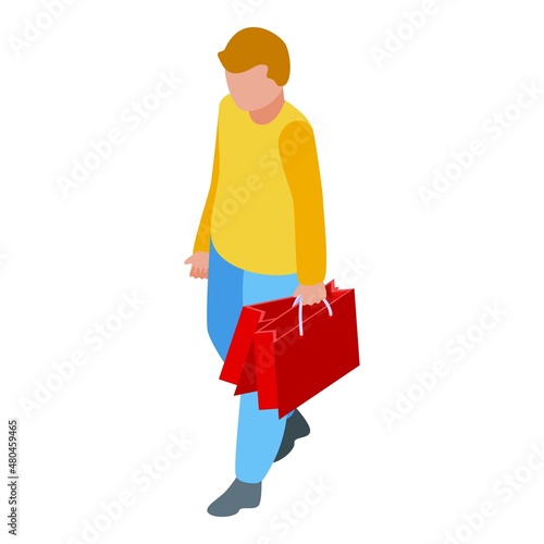 Syndrome down boy goind to shoping icon isometric vector. Child day