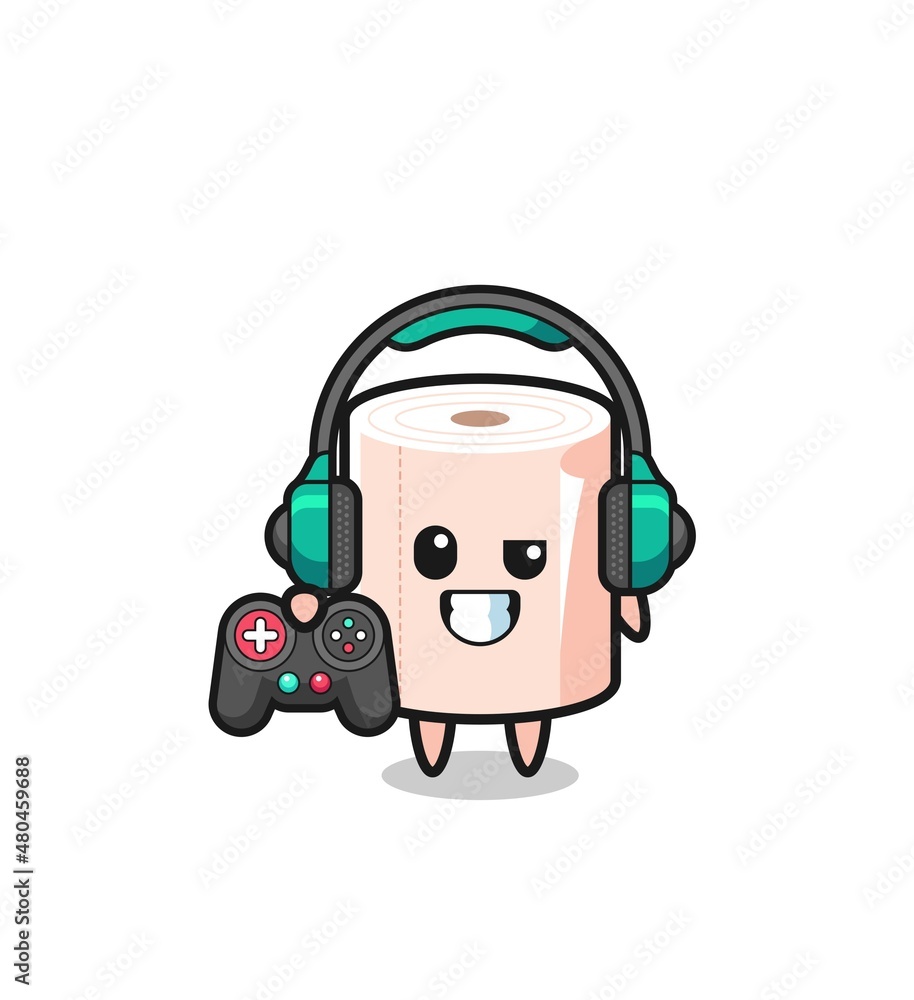 tissue roll gamer mascot holding a game controller tissue roll gamer mascot holding a game controller