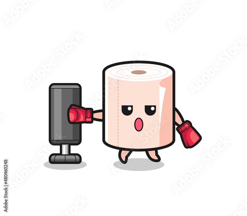 tissue roll boxer cartoon doing training with punching bag