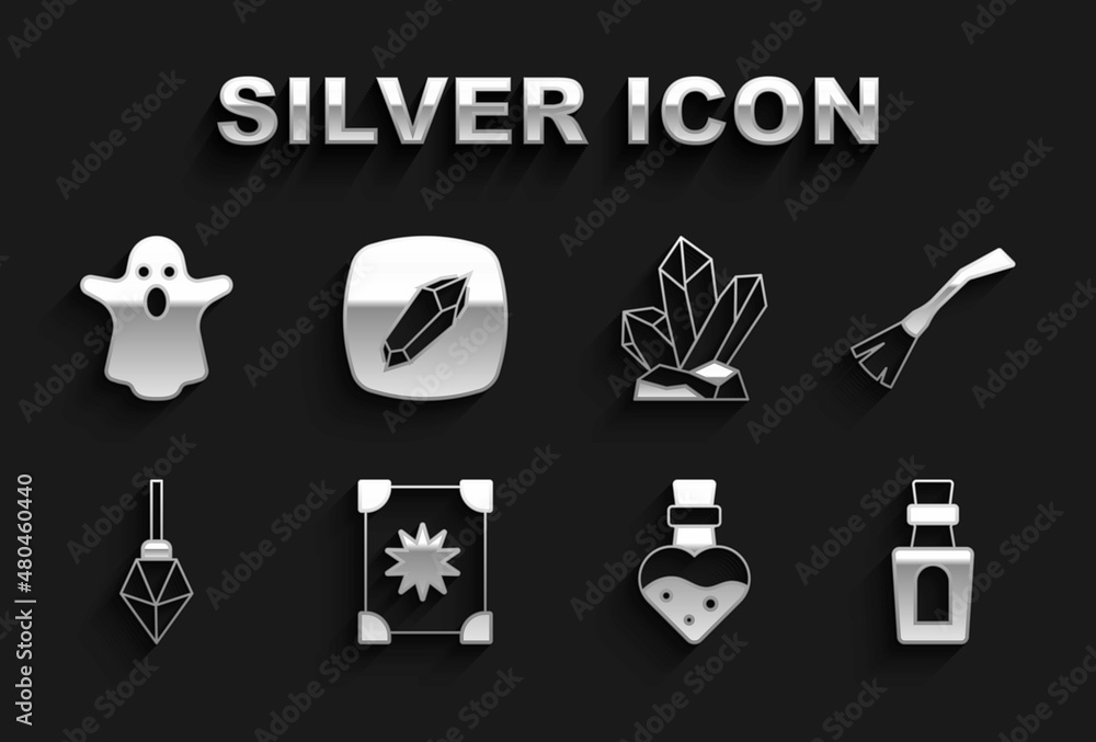 Set Ancient magic book, Witches broom, Bottle with potion, Magic stone, Ghost and icon. Vector Set Ancient magic book, Witches broom, Bottle with potion, Magic stone, Ghost and icon. Vector