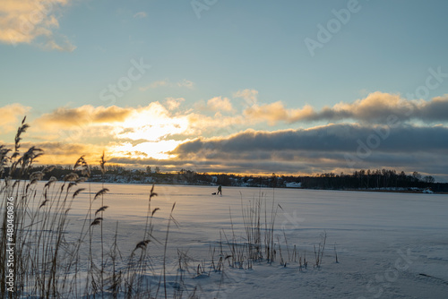 Fototapeta Naklejka Na Ścianę i Meble -  winter landscape ice-covered lake in the setting sun
