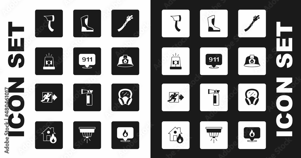 Set Fire hose reel, Emergency call 911, Flasher siren, Firefighter axe, helmet, boots, Gas mask and exit icon. Vector Set Fire hose reel, Emergency call 911, Flasher siren, Firefighter axe, helmet, boots, Gas mask and exit icon. Vector
