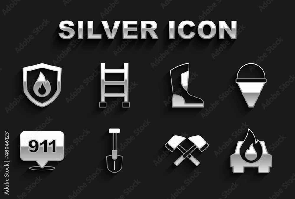 Set Fire shovel, cone bucket, Burning car, Firefighter axe, Emergency call 911, boots, protection shield and escape icon. Vector Set Fire shovel, cone bucket, Burning car, Firefighter axe, Emergency call 911, boots, protection shield and escape icon. Vector