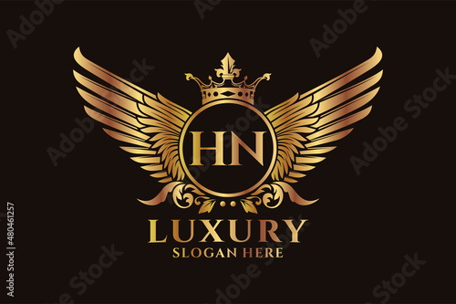 Luxury royal wing Letter HN crest Gold color Logo vector, Victory logo, crest logo, wing logo, vector logo template.