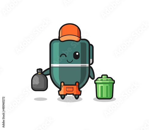 the mascot of cute ballpoint pen as garbage collector