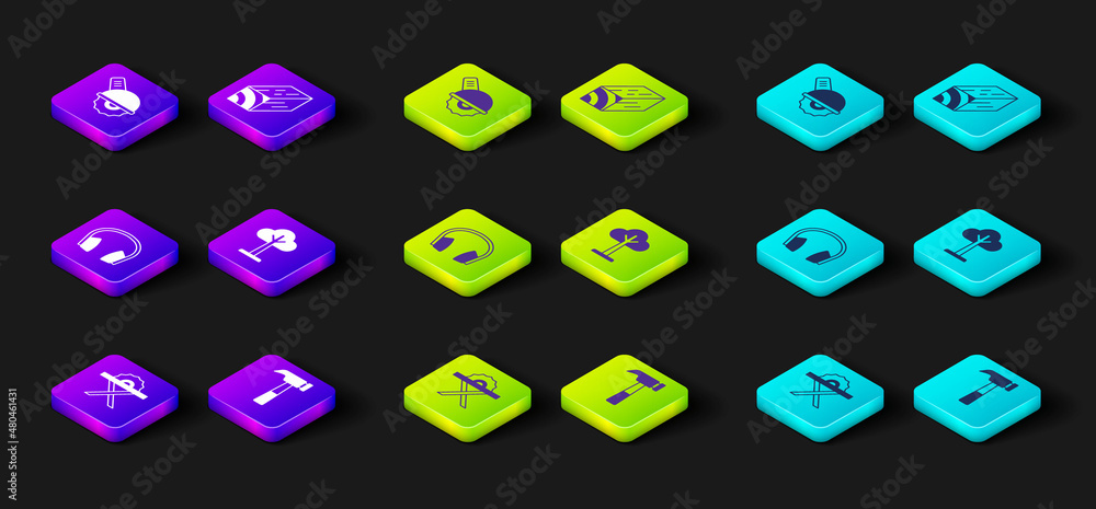 Set Electric circular saw, Hammer, Headphones, Tree, Wooden beam and icon. Vector Set Electric circular saw, Hammer, Headphones, Tree, Wooden beam and icon. Vector