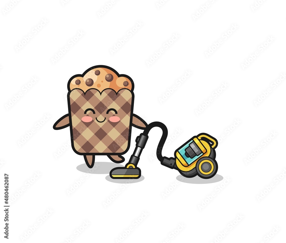 cute muffin holding vacuum cleaner illustration