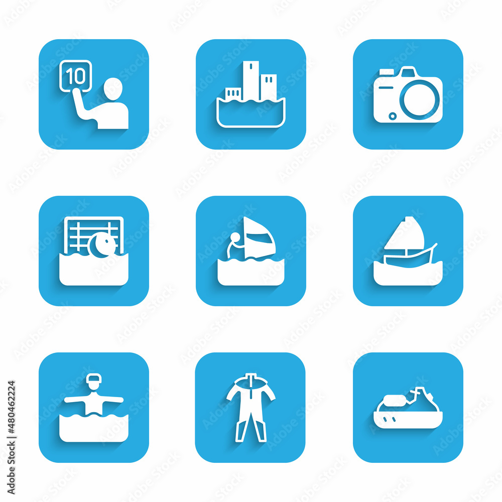 Set Windsurfing, Wetsuit for scuba diving, Jet ski, Yacht sailboat, Water gymnastics, polo, Photo camera and Assessment of judges icon. Vector Set Windsurfing, Wetsuit for scuba diving, Jet ski, Yacht sailboat, Water gymnastics, polo, Photo camera and Assessment of judges icon. Vector