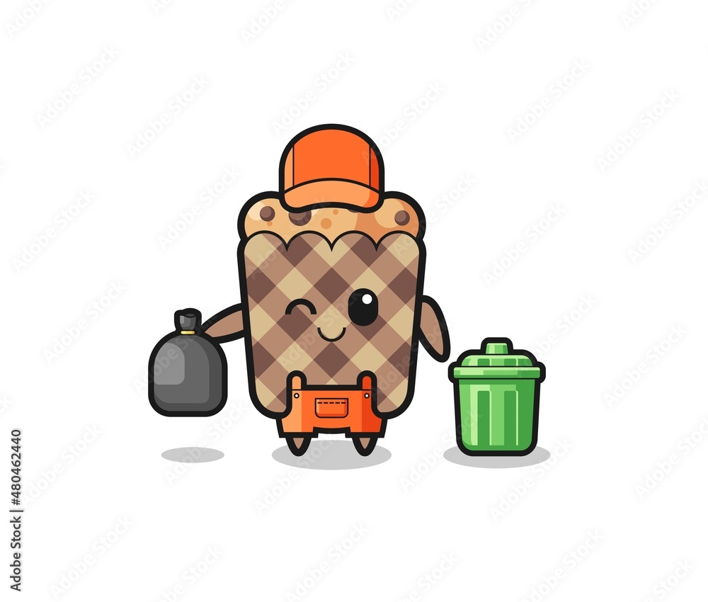 the mascot of cute muffin as garbage collector the mascot of cute muffin as garbage collector
