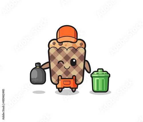 the mascot of cute muffin as garbage collector