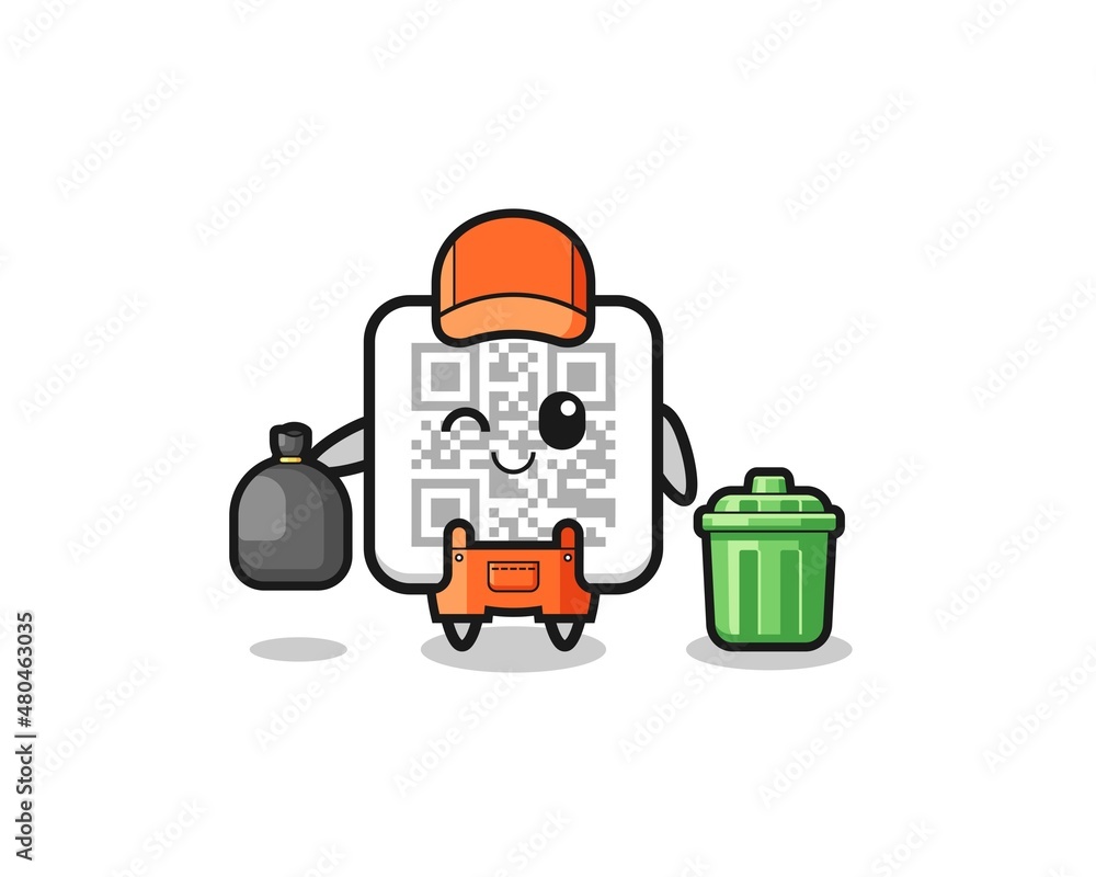 the mascot of cute qr code as garbage collector