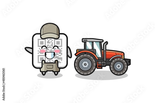 the qr code farmer mascot standing beside a tractor