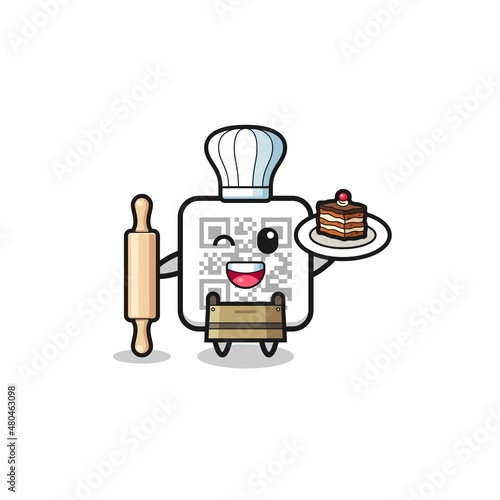 qr code as pastry chef mascot hold rolling pin