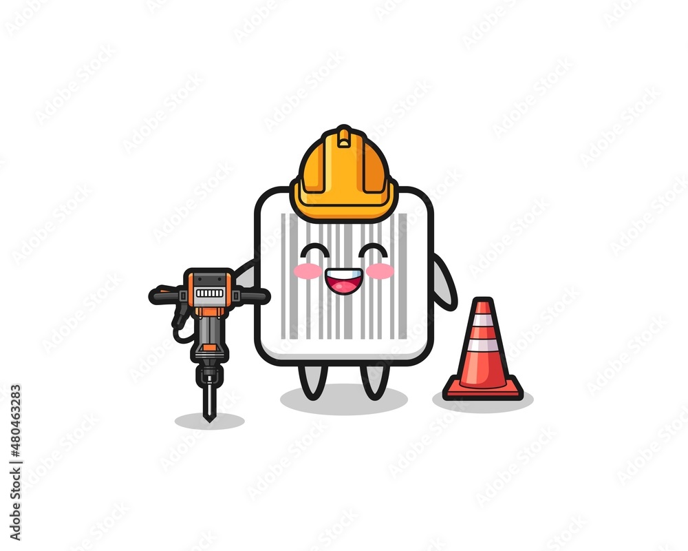 Fototapeta premium road worker mascot of barcode holding drill machine