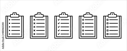 Clipboard vector icon set. Task check list board icons set. Document or paper clamp board symbol design. Simple line style vector illustration