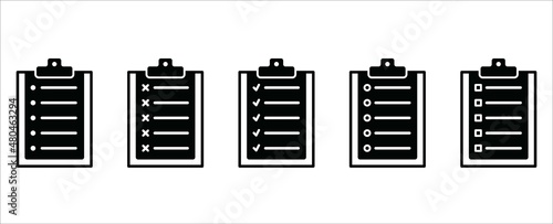 Clipboard vector icon set. Task check list board with check mark, dot and cross icons set. Document or paper clamp board symbol design. Simple flat style vector illustration