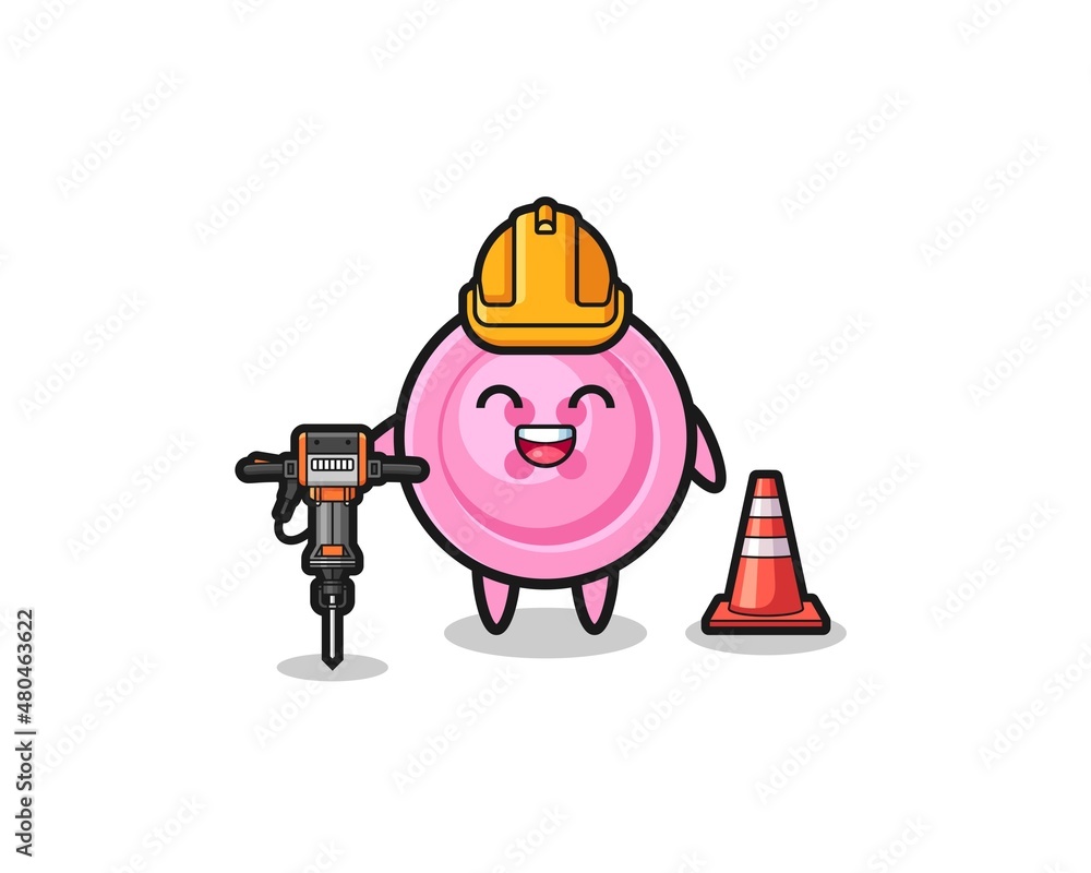 road worker mascot of clothing button holding drill machine