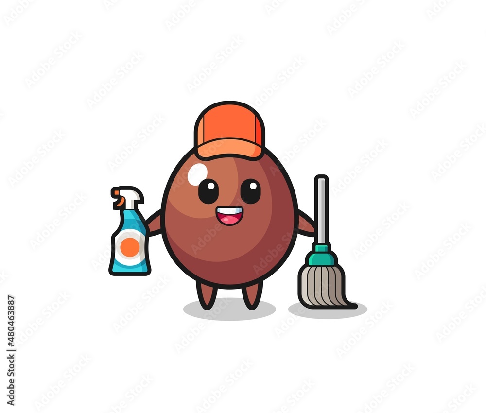 Fototapeta premium cute chocolate egg character as cleaning services mascot