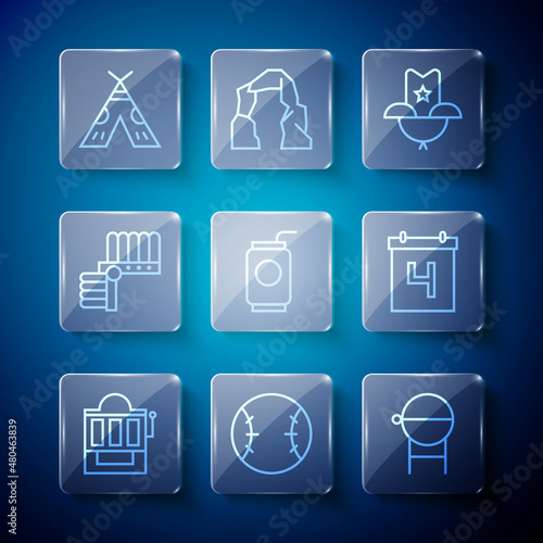 Set line Slot machine, Baseball ball, Barbecue grill, Western cowboy hat, Soda can with straw, Indian headdress feathers, teepee or wigwam and Calendar date July 4 icon. Vector