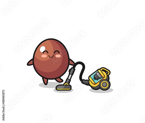 cute chocolate egg holding vacuum cleaner illustration