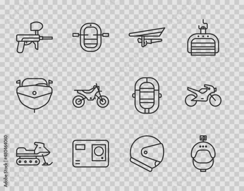 Set line Snowmobile, Helmet and action camera, Hang glider, Action extreme, Paintball gun, Mountain bike, and Motorcycle icon. Vector