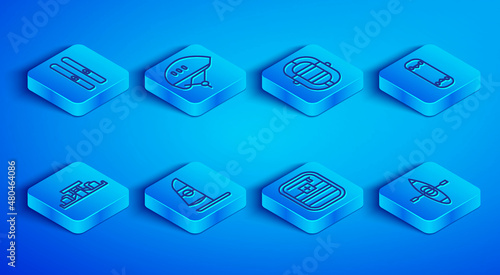 Set line Ski and sticks, Bicycle helmet, Rafting boat, Windsurfing, First aid kit, Skateboard trick, Formula 1 racing car and Kayak canoe icon. Vector