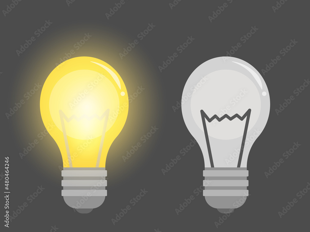 Glowing and turned off electric light bulbs. Light bulb icon. Electricity on and off template. Glowing and turned off electric light bulbs. Light bulb icon. Electricity on and off template.