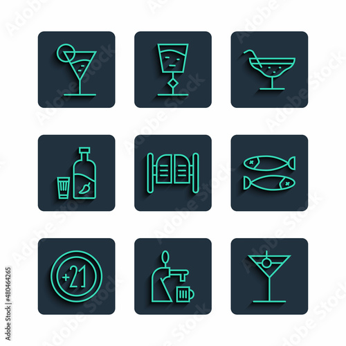 Set line Alcohol 21 plus, Beer tap with glass, Martini, Cocktail, Saloon door, Vodka pepper and, and Dried fish icon. Vector