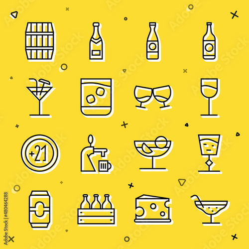 Set line Cocktail, Wine glass, Beer bottle, Glass of whiskey, Wooden barrel and cognac or brandy icon. Vector