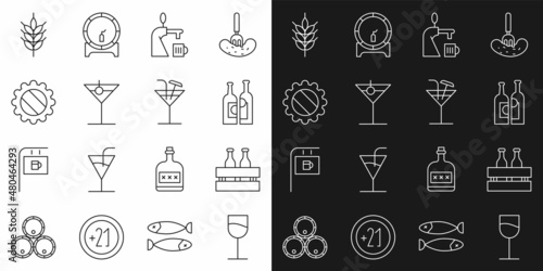 Set line Wine glass, Pack of beer bottles, Bottles wine, Beer tap with, Martini, cap, Hop and Cocktail icon. Vector