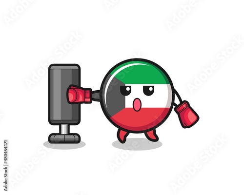 kuwait flag boxer cartoon doing training with punching bag