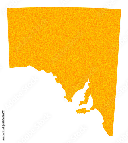 Vector Gold map of South Australia. Map of South Australia is isolated on a white background. Gold items pattern based on solid yellow map of South Australia.