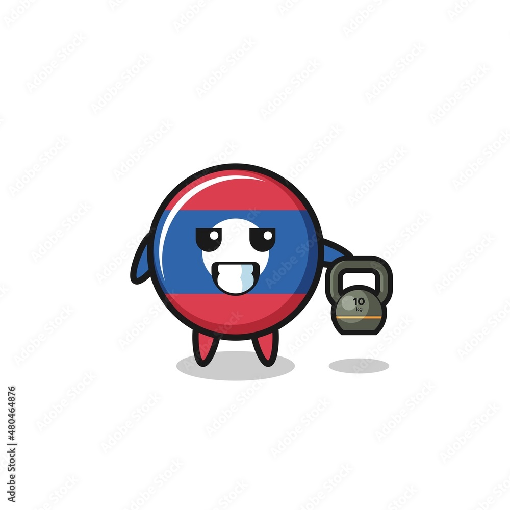 laos flag mascot lifting kettlebell in the gym