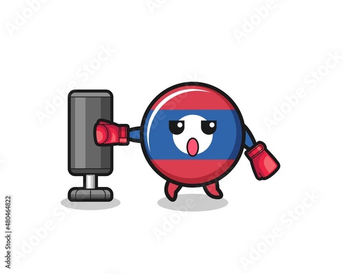 laos flag boxer cartoon doing training with punching bag