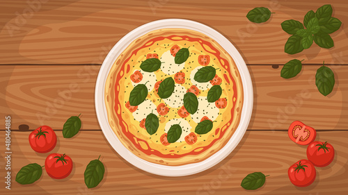 Detailed flat vector illustration of a delicious Italian style Pizza Caprese on a plate surrounded with fresh ingredients.