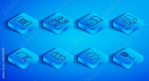 Set line Sewing thread on spool, Gamepad, Photo camera, Piece of puzzle, Online play video, Easel or painting art boards and Kitchen whisk icon. Vector