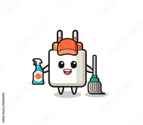 cute power adapter character as cleaning services mascot