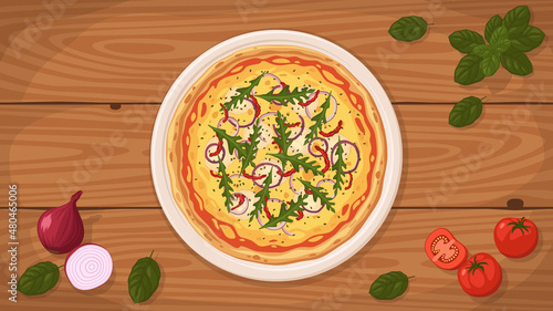 Detailed flat vector illustration of a delicious Goat Cheese Pizza on a plate surrounded with fresh ingredients.