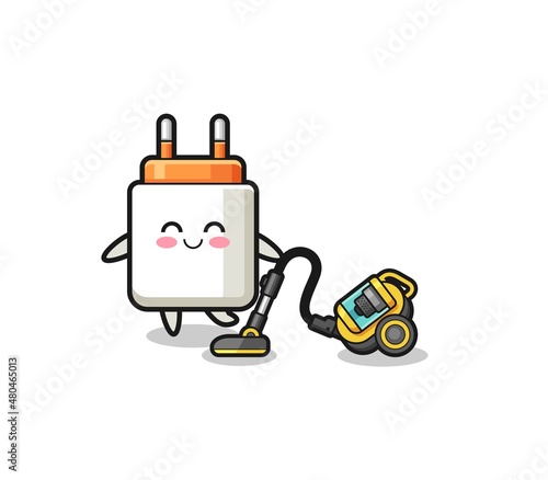 cute power adapter holding vacuum cleaner illustration