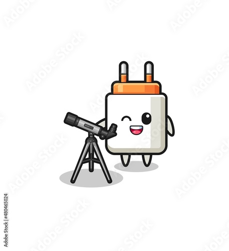 power adapter astronomer mascot with a modern telescope