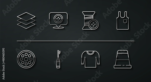 Set line Layers clothing textile, Sewing button, Sleeveless T-shirt, Sweater, Awl tool, Location tailor shop, Thimble for sewing and thread and icon. Vector
